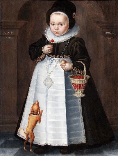 Young Child wearing a lace collar and black dress, carrying a Basket of Cherries, 1606, Jan Claesz. (ca. 1570-1618)   ***Portrait Available***  ***Contact Gallery***   Floris van Wanroij Fine Art, AX Dommelen / The Netherlands 